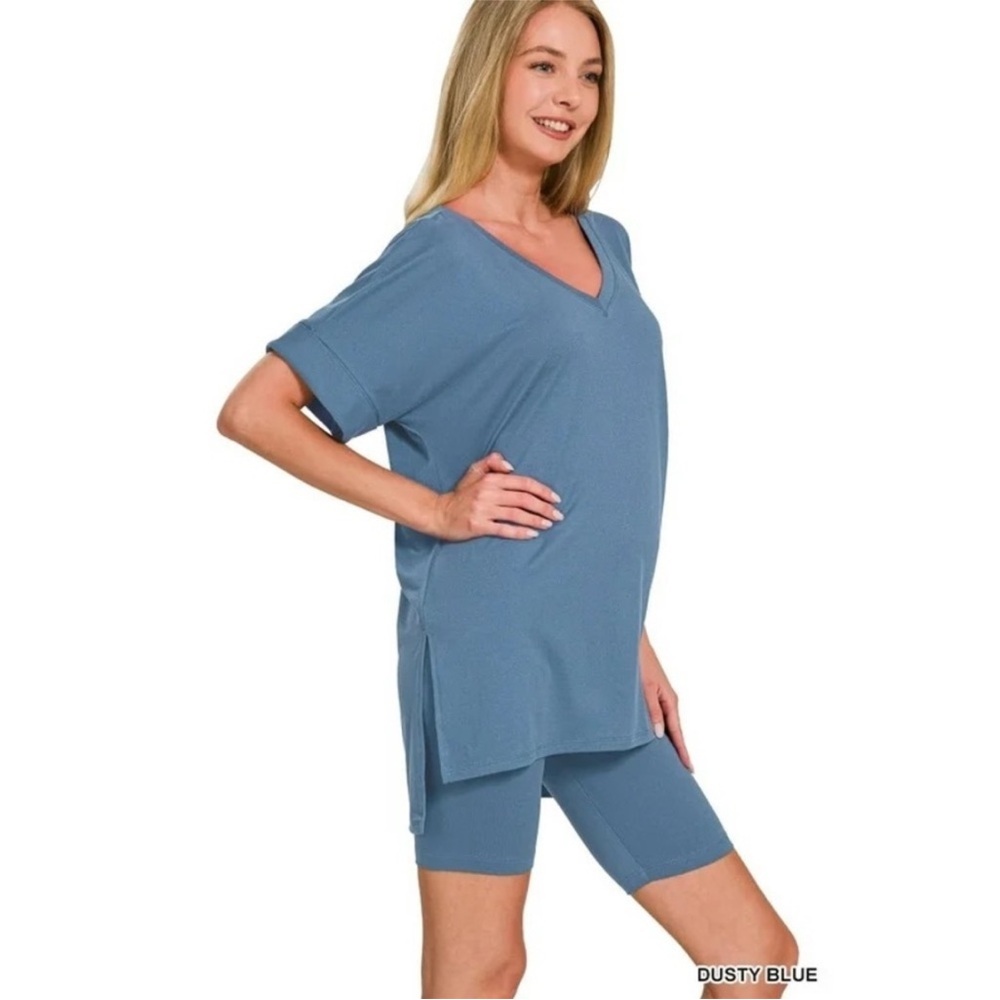 ZENANA Microfiber V-Neck Short Sleeve Top & Bike Short Set Size Medium NWOT